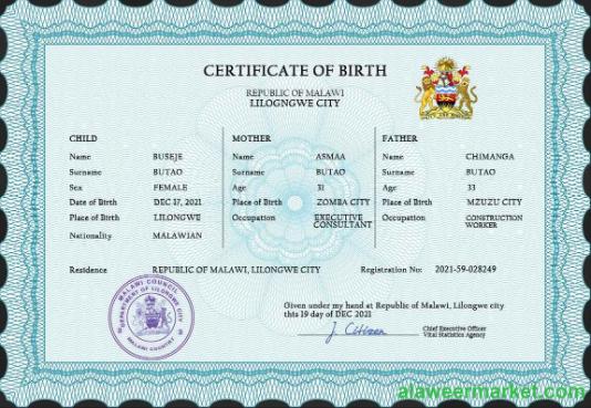 Malawi vital record birth certificate PSD template